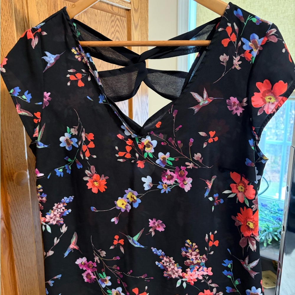 Express Black Dress with Red and Green Floral Print